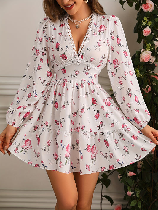 Floral Print V Neck Dress, Elegant Long Sleeve Dress For Spring & Fall, Women's Clothing