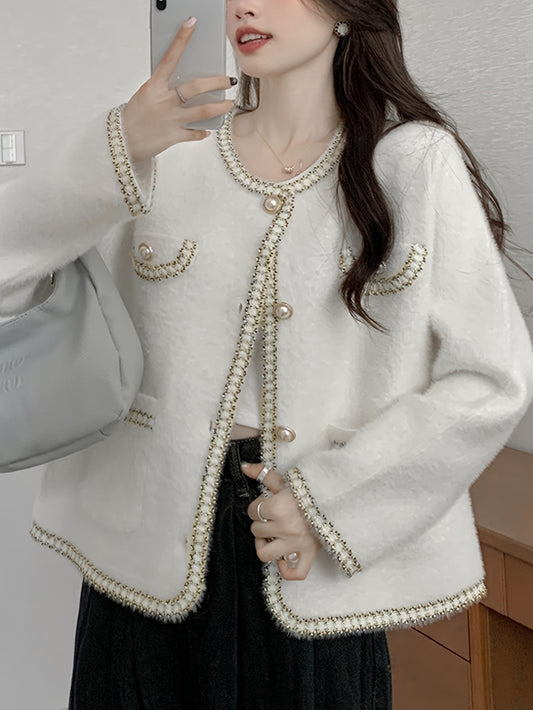 Sixsr Contrast Trim Button Down Knit Cardigan, Elegant Long Sleeve Cozy Sweater, Women's Clothing