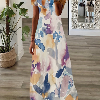 Plus Size Casual Dress, Women's Plus Floral Print Short Sleeve V Neck Medium Stretch Maxi Dress