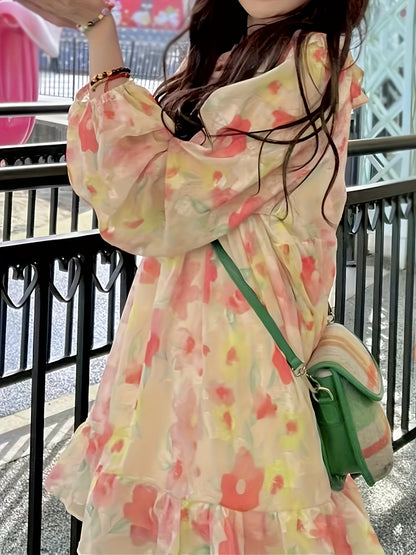 Sixsr Floral Print Round Collar Ruffle Chiffon Dress, Lantern Long Sleeve Casual Dress, Women's Clothing