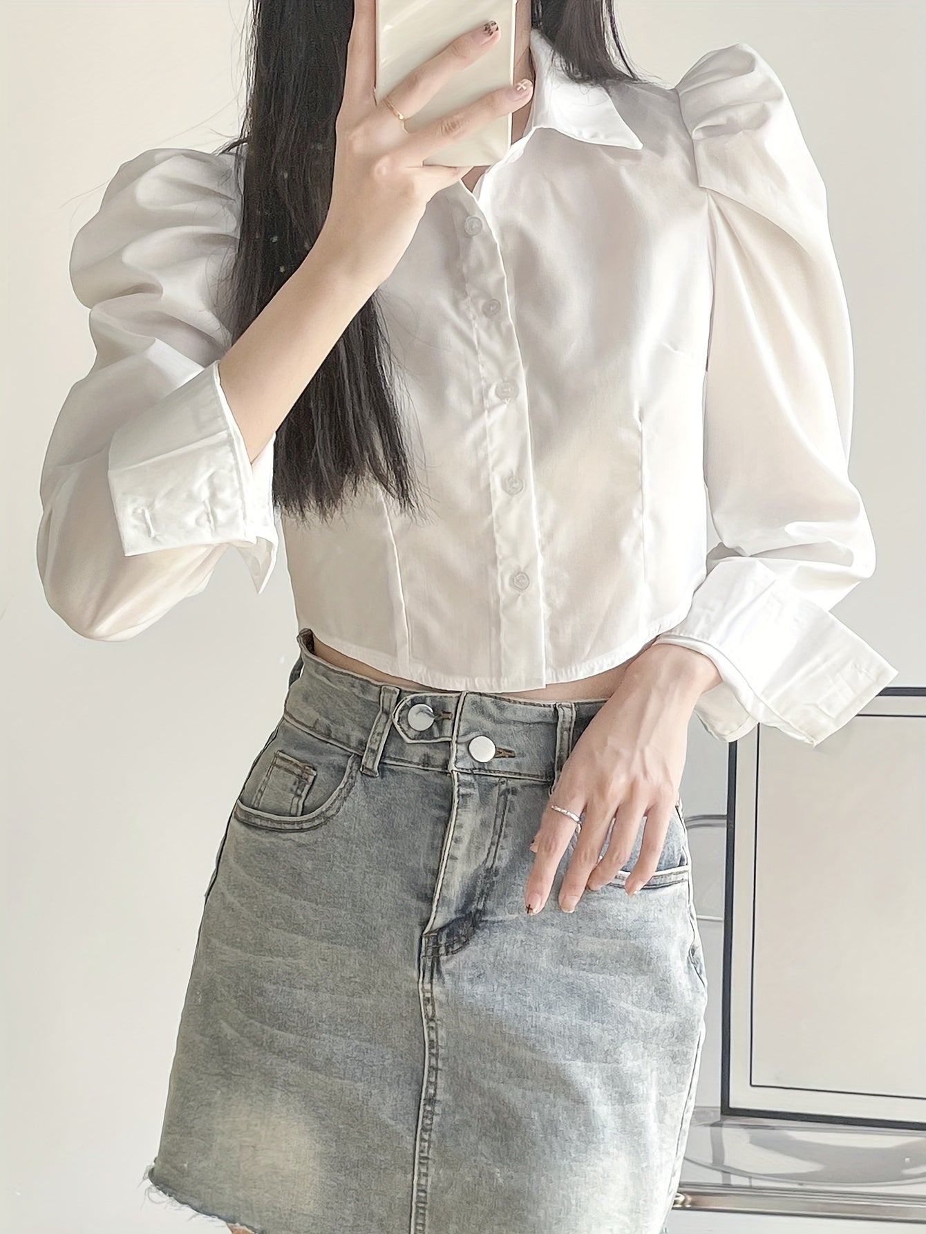 Sixsr Puff Sleeve Button Front Blouse, Casual Solid Color Lapel Crop Blouse For Spring & Fall, Women's Clothing
