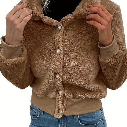 Sixsr Solid Button Front Plush Jacket Coat, Casual Long Sleeve Warm Coat, Women's Clothing