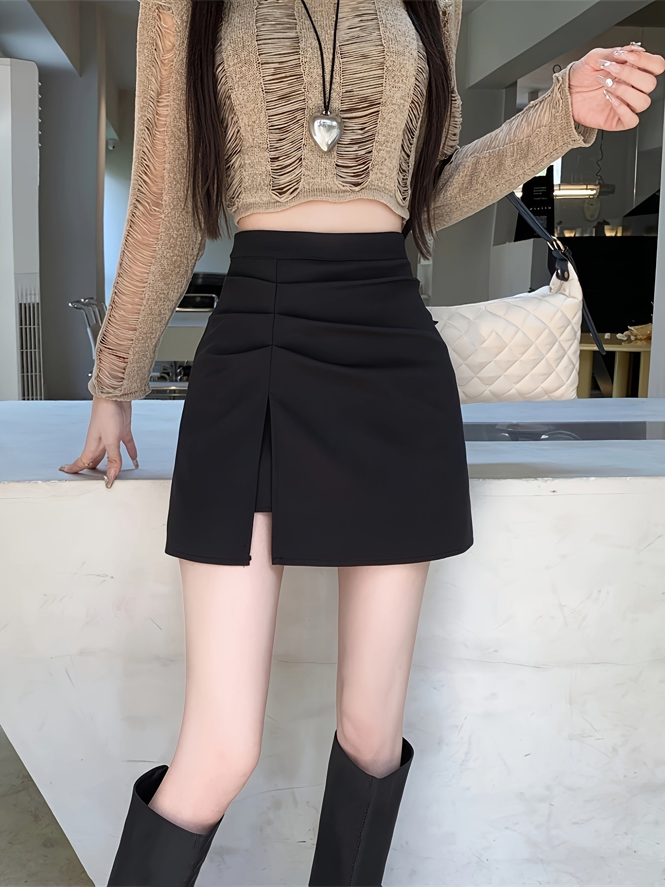 Sixsr  Solid High Waist Split Skirt, Casual Ruched A Line Mini Skirt, Women's Clothing