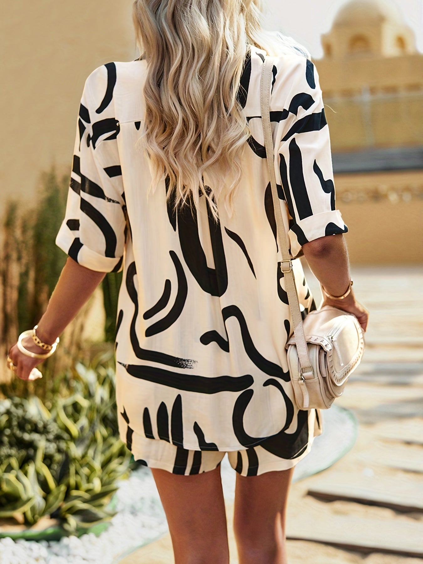 Abstract Print Two-piece Set, Casual Short Sleeve Blouse & Drawstring Pants Outfits, Women's Clothing