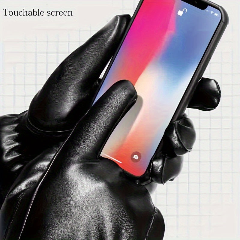 Men'S Winter Touchscreen Gloves, Warm Fleece Lining, Windproof, Enhanced Grip, Suitable for Riding & Driving, Machine Washable, PU Fabric, Button Closure - Ski Gloves for Men