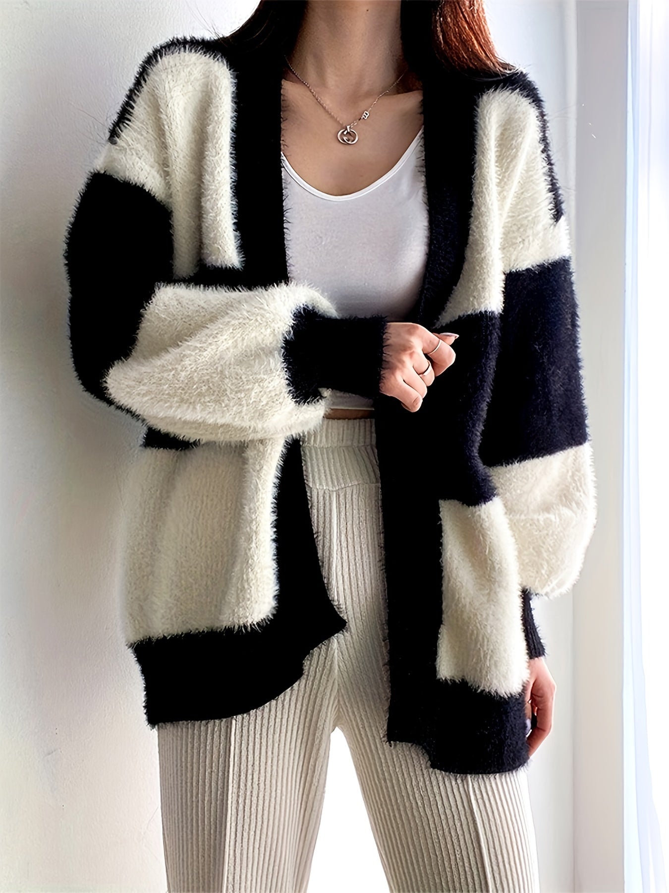 Sixsr Loose Color Block Cardigan, Casual Long Sleeve Cardigan For Fall & Winter, Women's Clothing