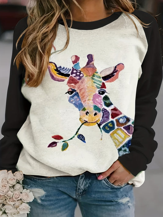 Sixsr Plus Size Casual Sweatshirt, Women's Plus Colorblock Giraffe Print Long Sleeve Round Neck Pullover Sweatshirt