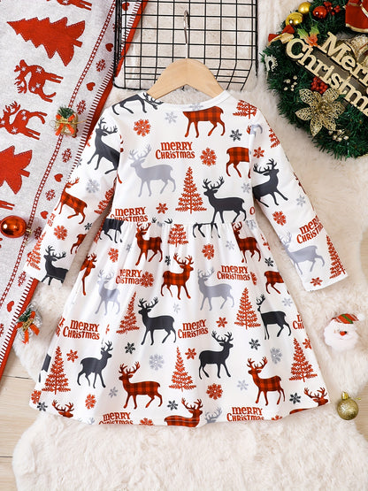 Adorable Reindeer Graphic Crew Neck Long Sleeve Dress for Kids - Soft, Comfortable, and Stylish Fall Christmas Outfit for Girls - Perfect for Holiday Parties and Casual Wear