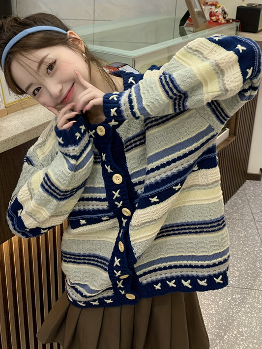 Sixsr Striped Button Front Cardigan, Casual Long Sleeve Drop Shoulder Outwear, Women's Clothing