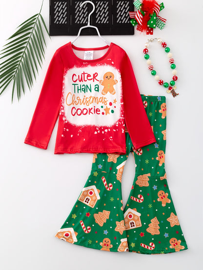 1set Festive Christmas Gingerbread Girl Flared Pants Outfit, Long Sleeve Round Neck Top with "Cuter Than a Christmas Cookie" Print, Casual Knit Polyester Spandex Blend, Stretchy Holiday Set for Kids, for Outdoor