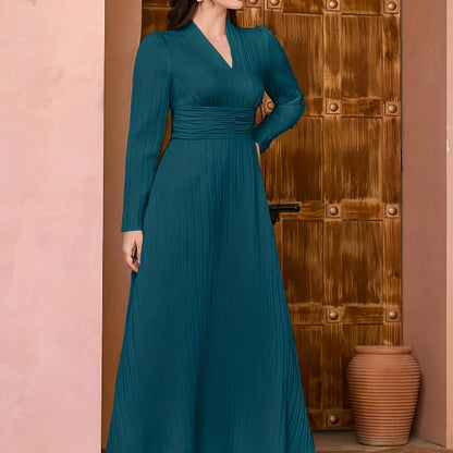 Sixsr Solid V Neck Dress, Elegant Long Sleeve Shirred Waist Dress, Women's Clothing