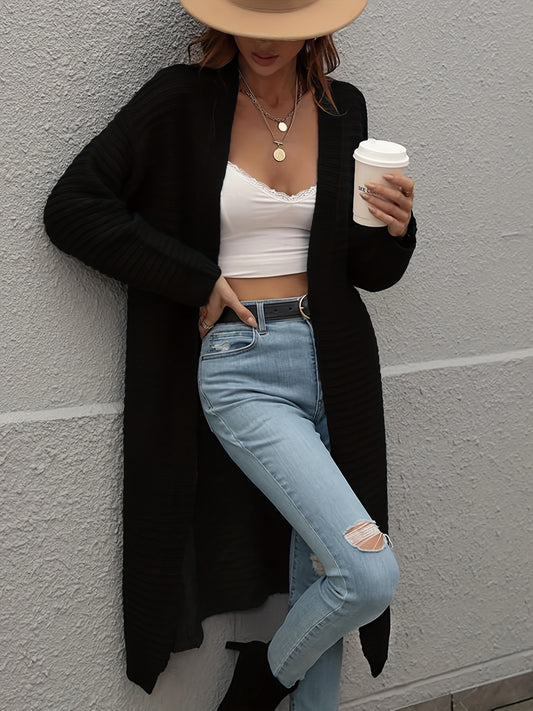 Solid Long Length Knit Cardigan, Elegant Open Front Long Sleeve Sweater, Women's Clothing