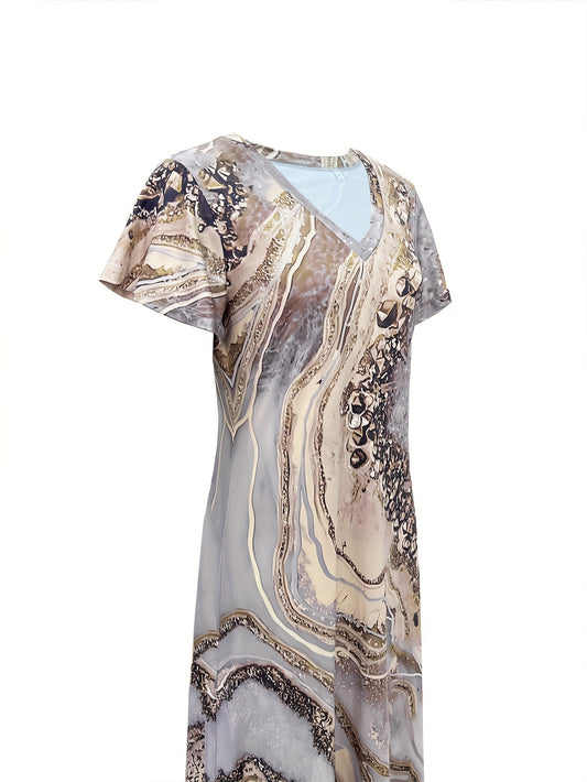 Sixsr Marble Print V Neck Dress, Casual Short Sleeve Dress For Summer, Women's Clothing