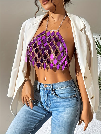 Sixsr  Sequin Decor Crop Halter Top, Casual Chain Summer Sleeveless Top, Women's Clothing