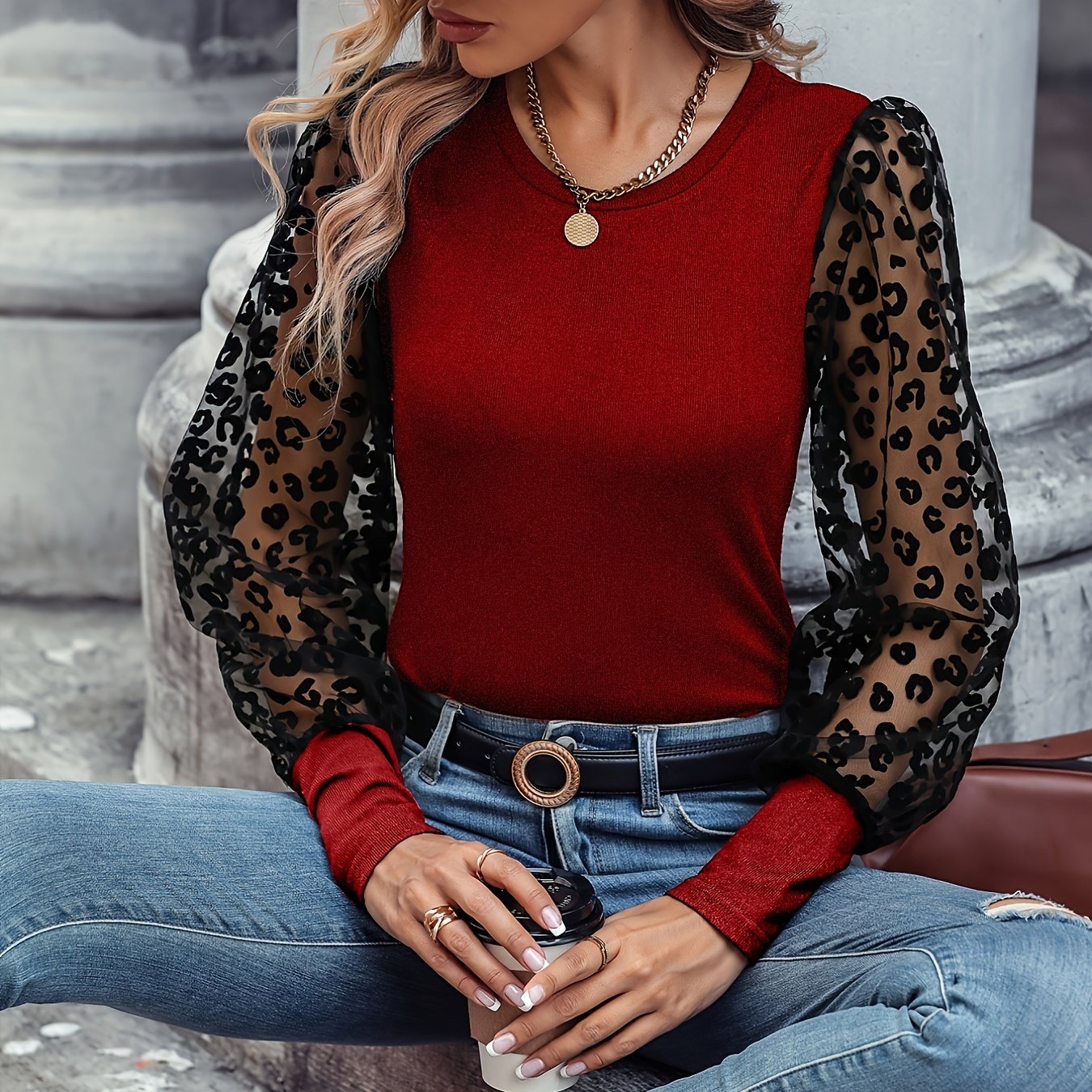 Solid Color Lace Patchwork Ballon Sleeve Ribbed Knit Tops, Elegant Everyday Blouse, Women's Clothing