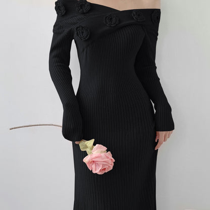 Sixsr Ribbed Floral Decor Dress, Elegant Long Sleeve Bodycon Midi Dress, Women's Clothing