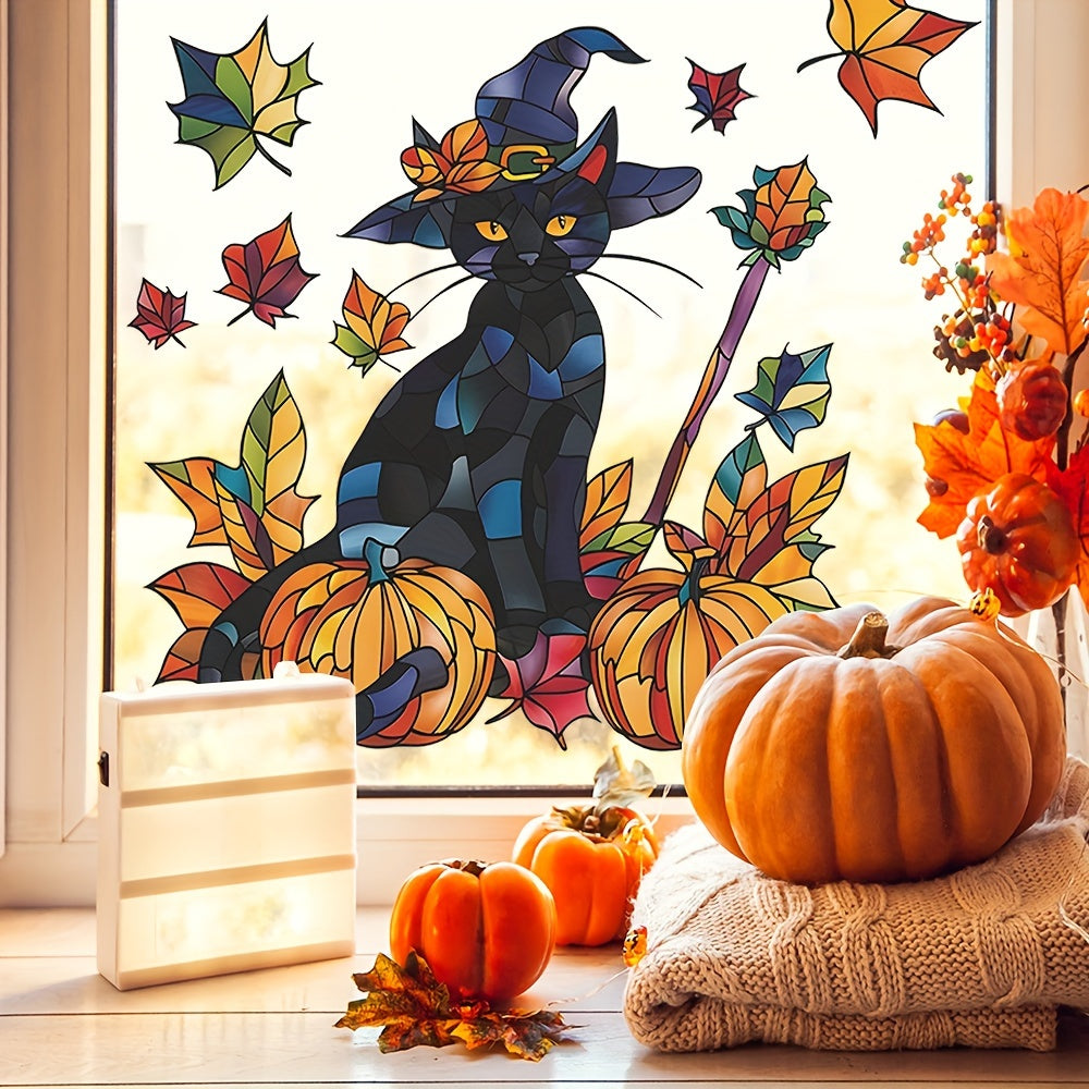 Festive Halloween Wall Decal: Black Cat, Pumpkins, and Fall Leaves - 38cm x 15inch - Contemporary Design - Self-Adhesive - Durable Vinyl - Perfect for Glass Windows and Doors