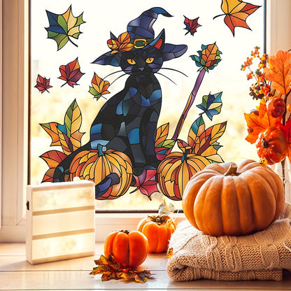 Festive Halloween Wall Decal: Black Cat, Pumpkins, and Fall Leaves - 38cm x 15inch - Contemporary Design - Self-Adhesive - Durable Vinyl - Perfect for Glass Windows and Doors