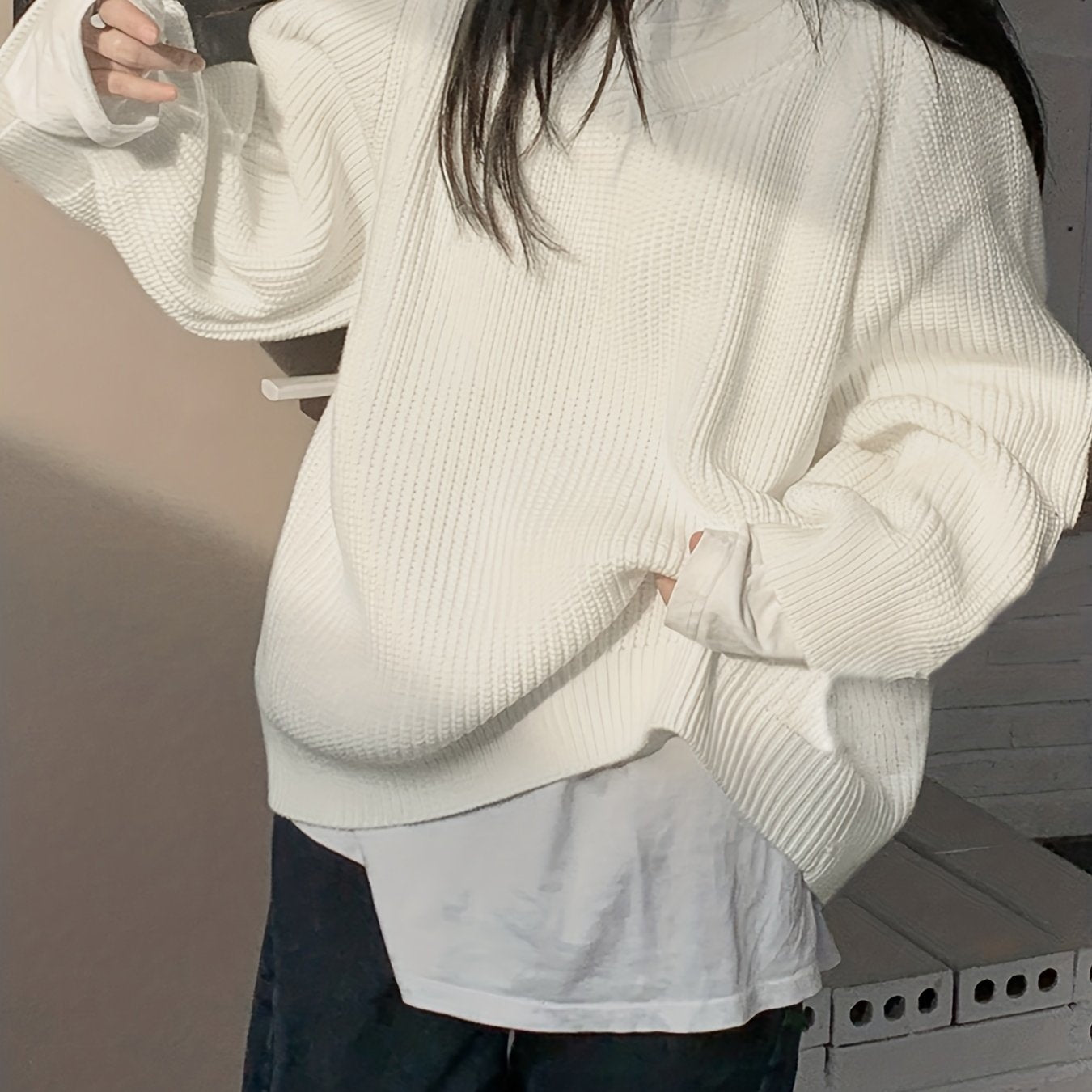 Sixsr Back Button V Neck Sweater, Casual Long Sleeve Sweater For Fall & Winter, Women's Clothing