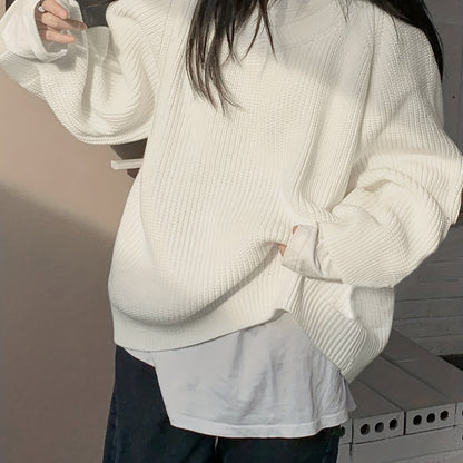 Sixsr Back Button V Neck Sweater, Casual Long Sleeve Sweater For Fall & Winter, Women's Clothing