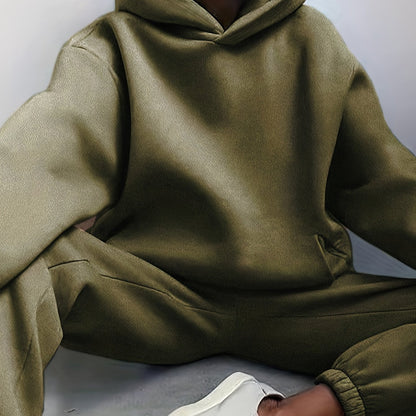 Sixsr Casual Solid Two-piece Set, Drop Shoulder Long Sleeve Hoodies & Elastic Waist Jogger Pants Outfits, Women's Clothing