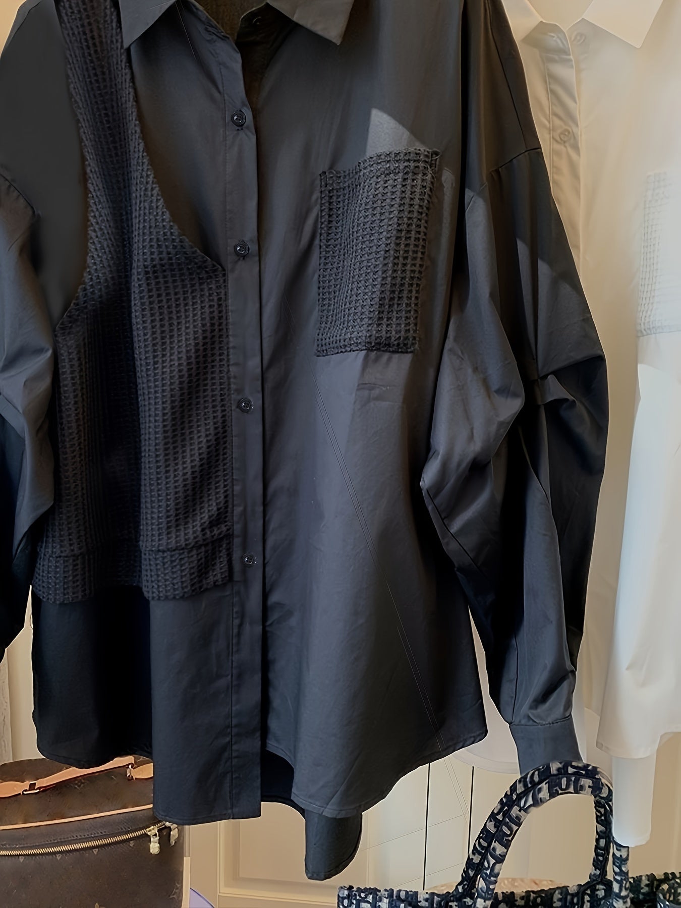 Sixsr Waffle Paneled Polo Collar Blouse, Elegant Long Sleeve Blouse For Spring & Fall, Women's Clothing