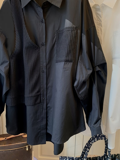 Sixsr Waffle Paneled Polo Collar Blouse, Elegant Long Sleeve Blouse For Spring & Fall, Women's Clothing