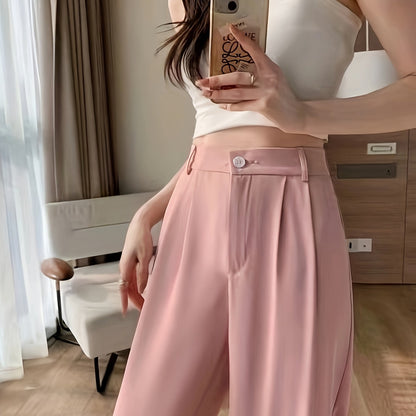 Sixsr Solid High Waist Draped Long Length Pants, Casual Loose Spring & Autumn Pants, Women's Clothing