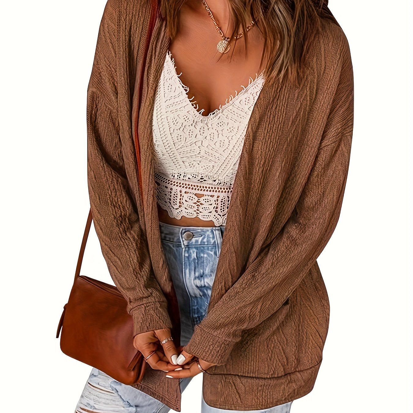 Sixsr Solid Open Front Knit Cardigan, Elegant Long Sleeve Pocket Loose Cardigan, Women's Clothing