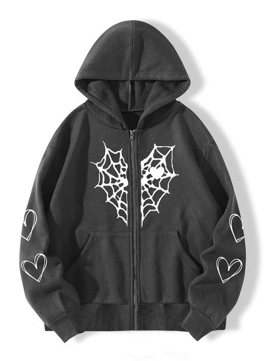 Sixsr Spider Web Heart-shaped Print Drawstring Loose Hoodies, Casual Zipper Hooded Pocket Fashion Long Sleeve Sweatshirt, Women's Clothing