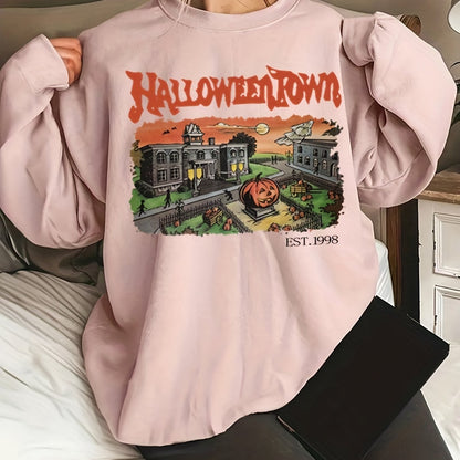 Sixsr Plus Size Halloween Casual Sweatshirt, Women's Plus Graphic & Art Letter Print Long Sleeve Round Neck Sweatshirt