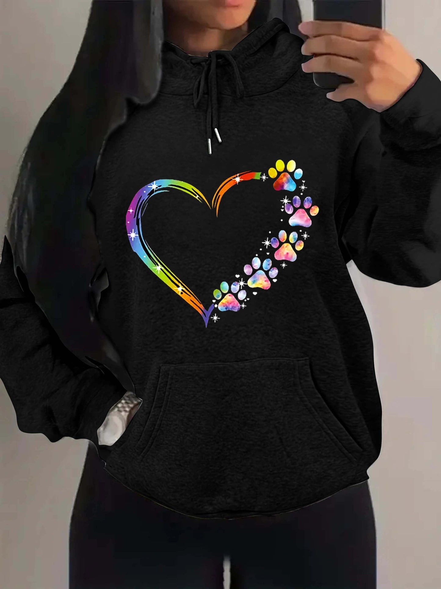 Sixsr Paw & Heart Print Drawstring Hoodie, Casual Long Sleeve Kangaroo Pocket Hoodie Sweatshirt, Women's Clothing