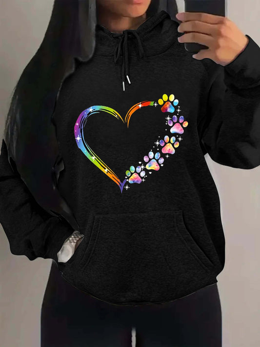 Sixsr Paw & Heart Print Drawstring Hoodie, Casual Long Sleeve Kangaroo Pocket Hoodie Sweatshirt, Women's Clothing