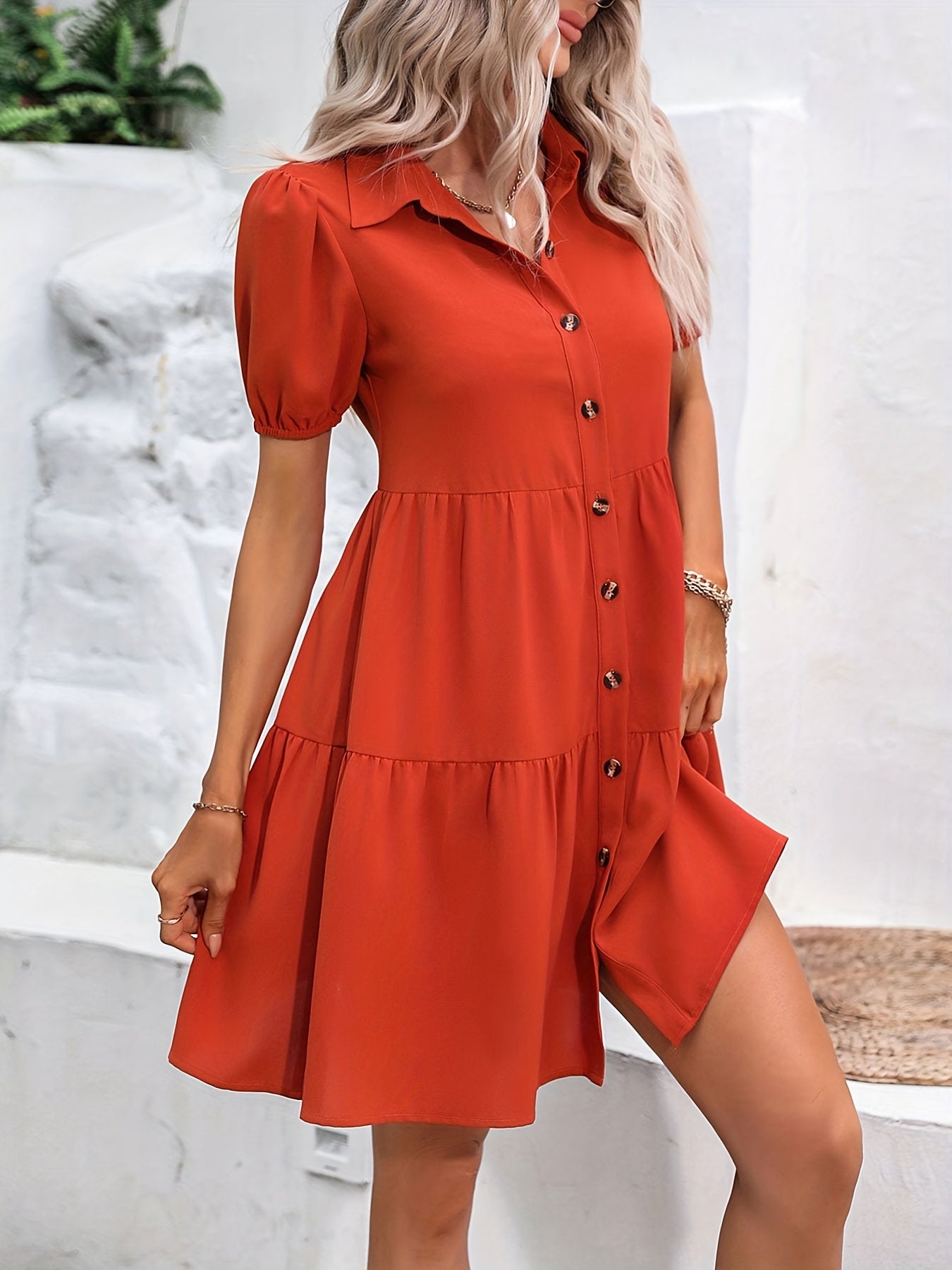 Sixsr Button Front Ruched Dress, Casual Short Sleeve Mini Dress With A Collar, Women's Clothing