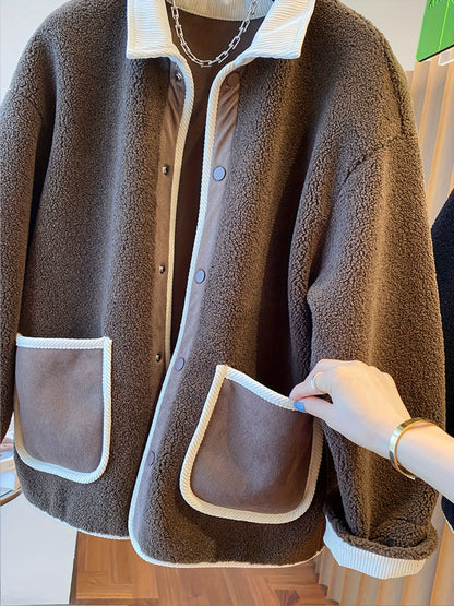 Sixsr Contrast Trim Patched Pockets Outwear, Versatile Long Sleeve Button Front Coat For Fall & Winter, Women's Clothing