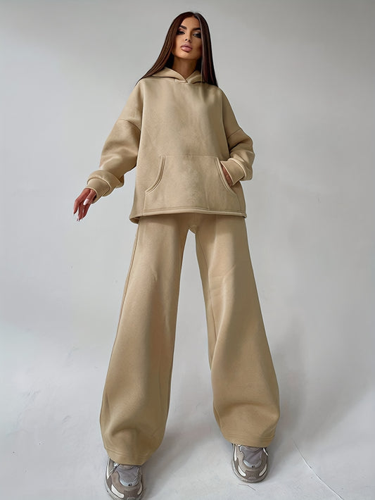 Sixsr Solid Casual Two-piece Set, Long Sleeve Loose Hoodies & Long Length Pants Outfits, Women's Clothing