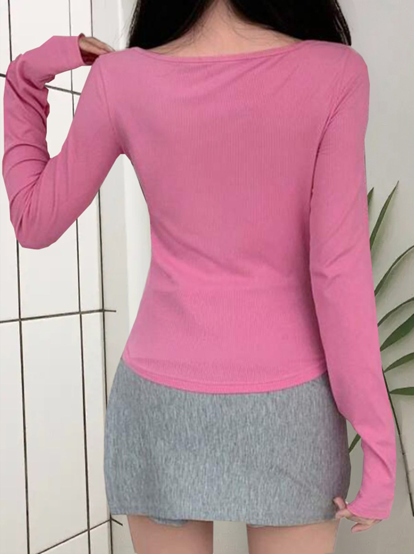 Sixsr Solid Square Neck T-shirt, Casual Long Sleeve Top For Spring & Fall, Women's Clothing