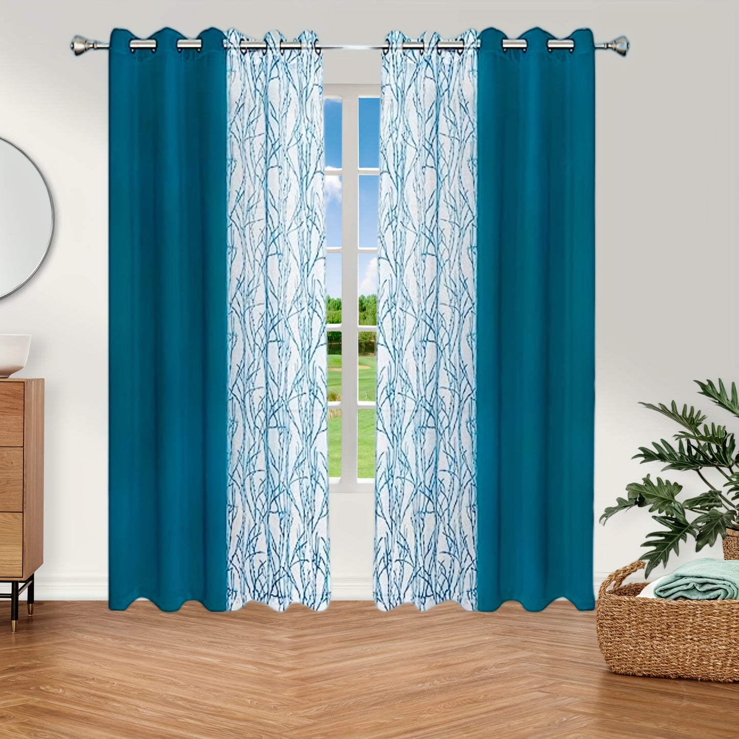 1 Panel Branch Printed Sheer Curtain + 1 Panel Blackout Curtain - Panels for Bedroom, Office, Living Room Home Decor with Grommet Top Window Drapes