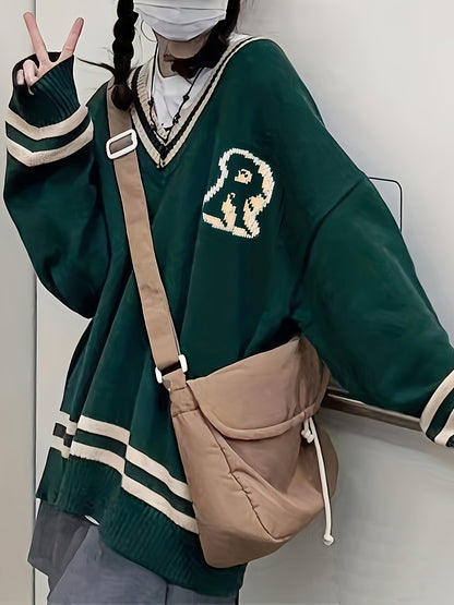 Sixsr Letter R Pattern V Neck Pullover Sweater, Preppy Long Sleeve Loose Sweater, Women's Clothing