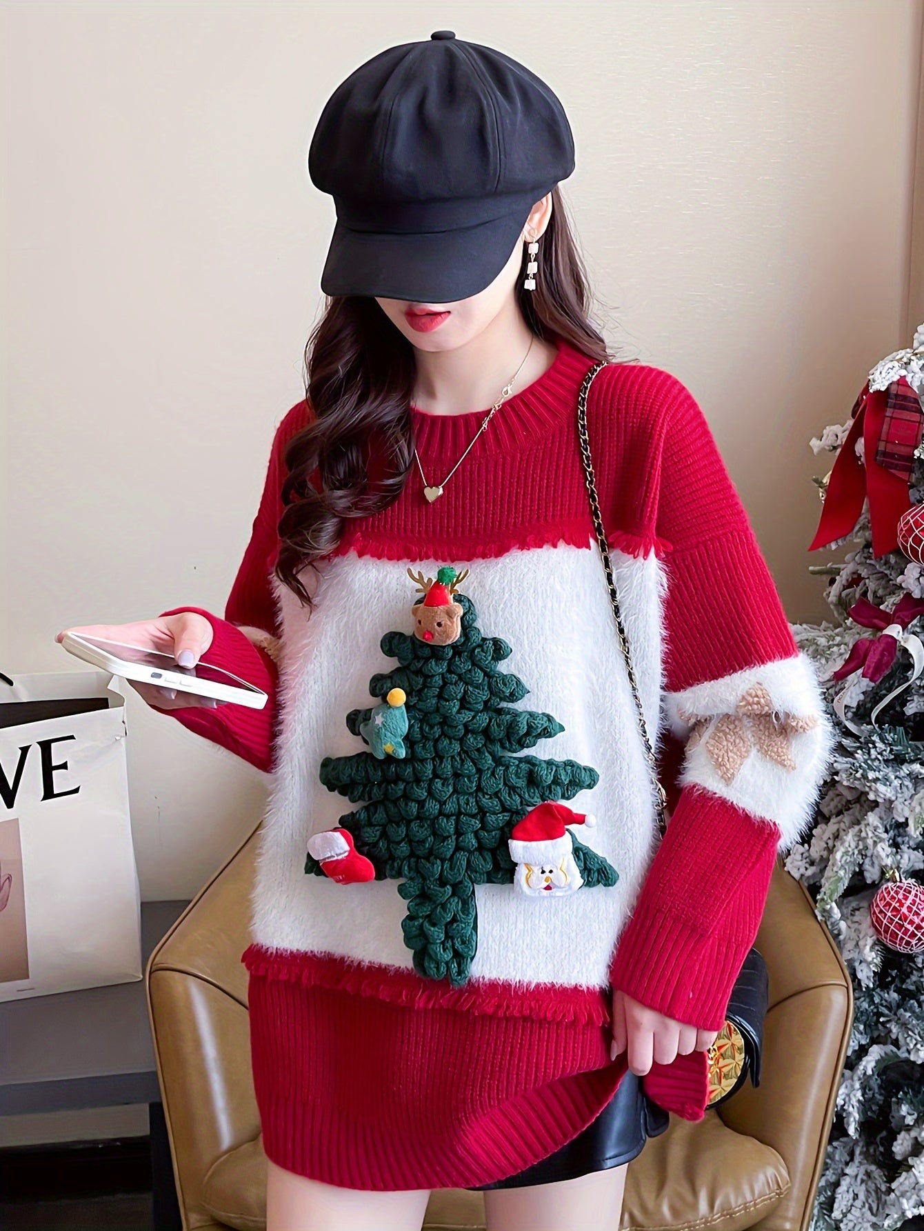 For Fall & Winter, Casual Long Sleeve Christmas Tree Decor Crew Neck Sweater, Women's Clothing