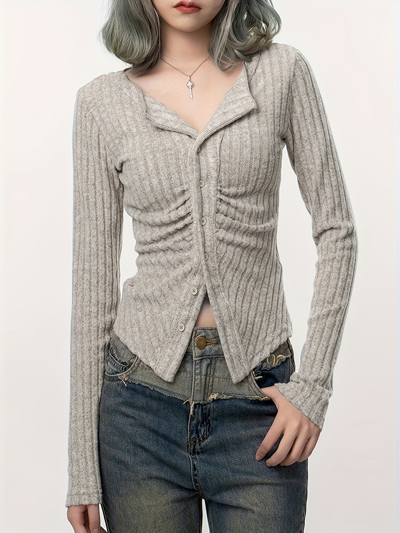 Sixsr Long Sleeve Ribbed T-Shirt, Casual Button Up Top For Spring & Fall, Women's Clothing