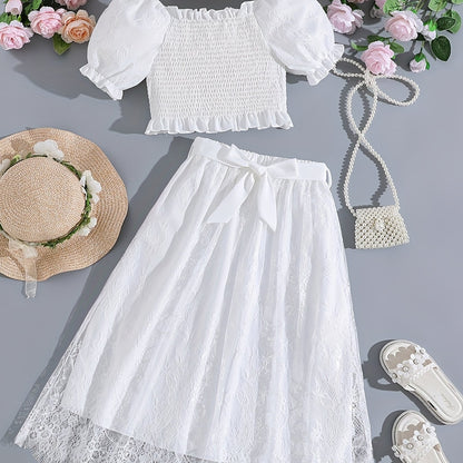 Girls Puff Sleeve Shirred Top & Bow Belted Lace Skirt 2pcs Cute Elegant Kids Clothes