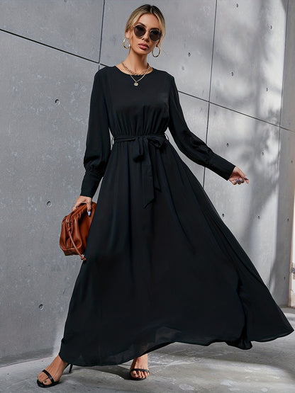 Sixsr Solid Simple Dress, Elegant Crew Neck Long Sleeve Maxi Dress, Women's Clothing