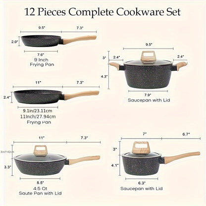 12-Piece Non-Stick Cookware Set - Premium Non-Stick Coating Pans, Complete Cookware Set, Large Frying Pan, Versatile Steamer, Heat-Resistant Silicone Spatula Spoon, Durable Tongs - Granite-Infused Cooking Surface, Comprehensive Kitchen Cookware Set for Ho