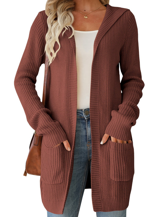 Loose Hooded Pockets Cardigans, Casual Loose Long Sleeve Fall Winter Knit Cardigan, Women's Clothing
