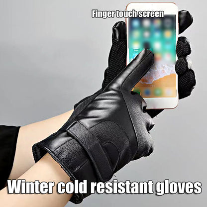 Winter Touchscreen Gloves for Men - Water-Resistant Faux Leather Thermal Gloves with Buckle Closure, Non-Woven Fabric, Machine Washable - Outdoor Riding Cold-Resistant Warm Gloves (1 Pair)