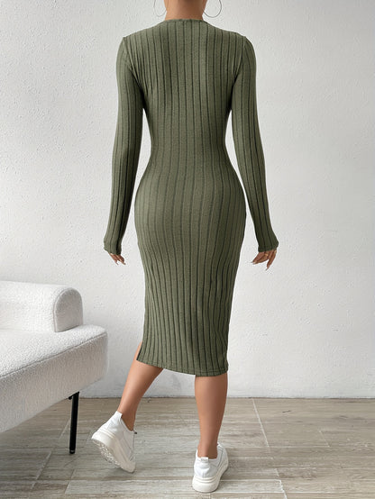 Sixsr Ribbed Solid Split Dress, Casual Crew Neck Long Sleeve Dress, Women's Clothing