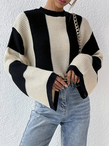 Color Block Crew Neck Sweater, Casual Long Sleeve Loose Sweater For Spring & Fall, Women's Clothing