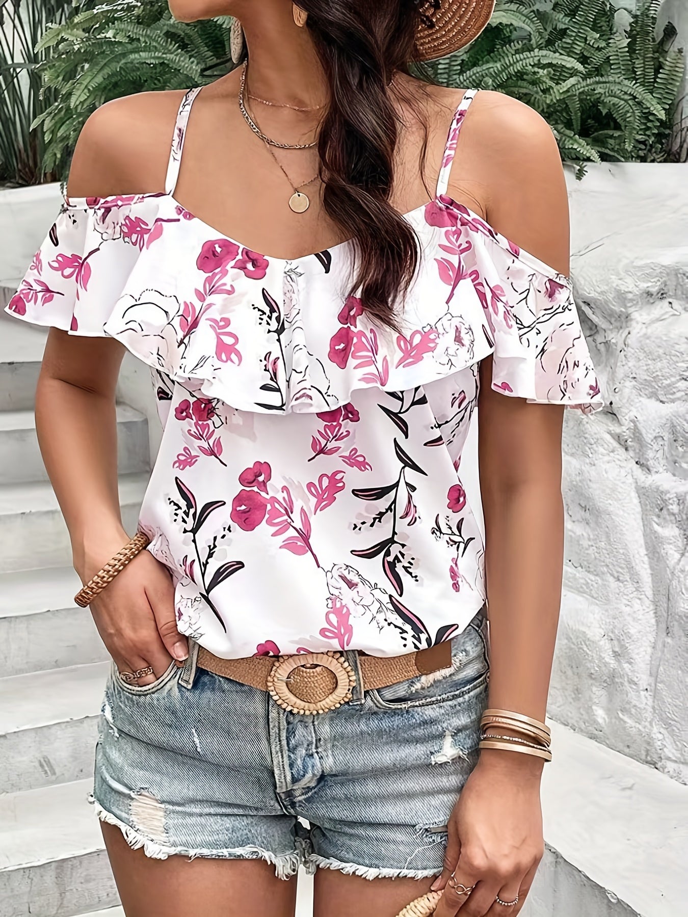 Boho Floral Print Spaghetti Blouse , Vacation Cold Shoulder Ruffle Trim Summer Tops , Women's Clothing