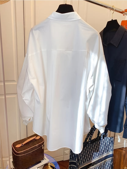 Sixsr Waffle Paneled Polo Collar Blouse, Elegant Long Sleeve Blouse For Spring & Fall, Women's Clothing